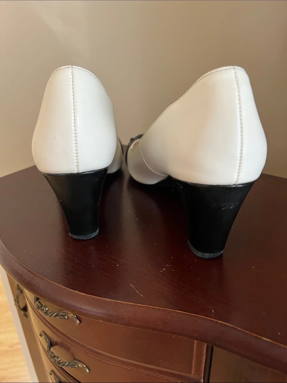Life Stride White and Black Peep-Toe Heels with Strap Detail - 9.5